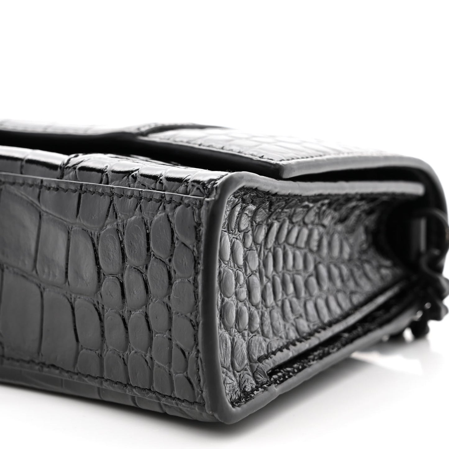 Shiny Calfskin Monochrome Crocodile Embossed Small Hourglass Evening Chain Bag Black