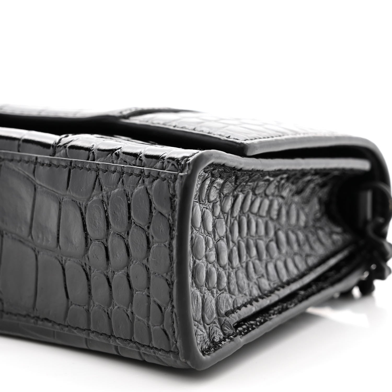 Balenciaga Shiny Calfskin Monochrome Crocodile Embossed Small Hourglass Evening Chain Bag Black 9 of 10