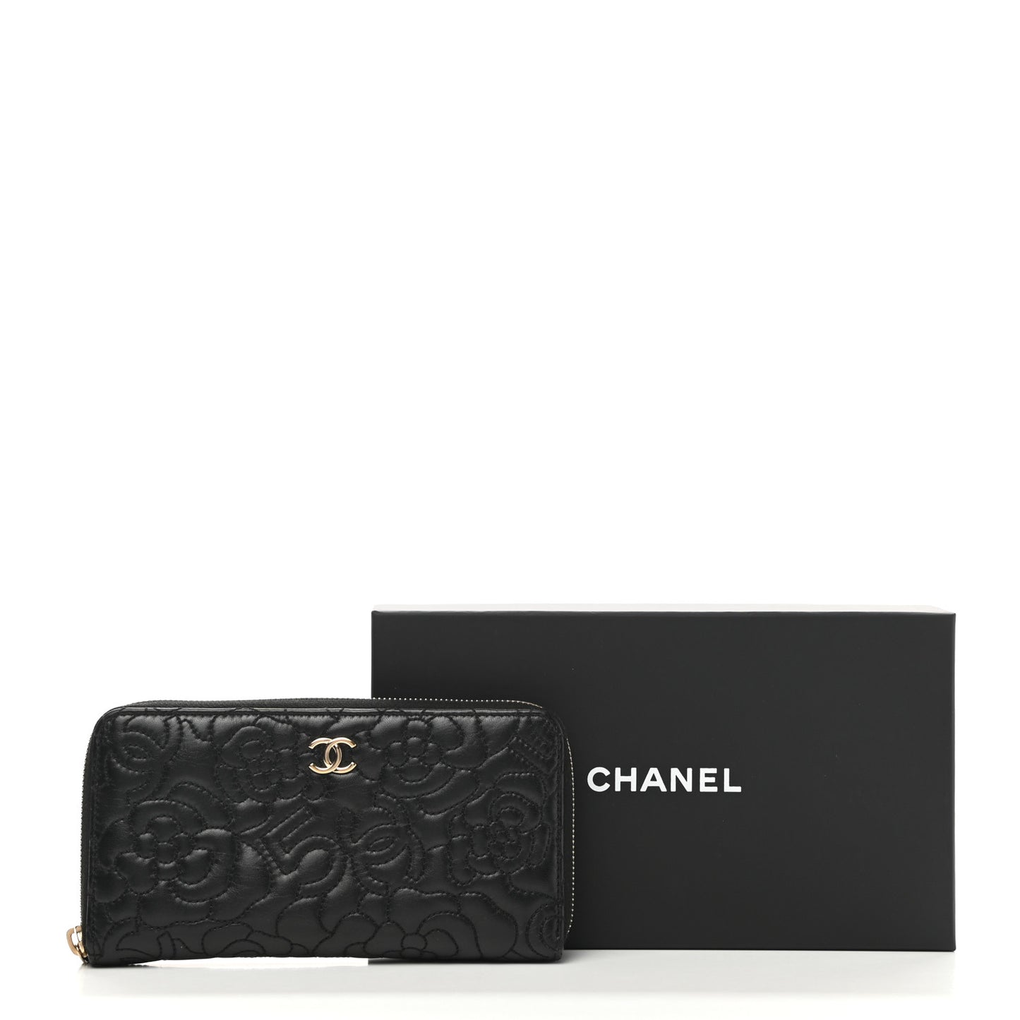 Lambskin Camellia Embossed Large Zip Around Gusset Wallet Black