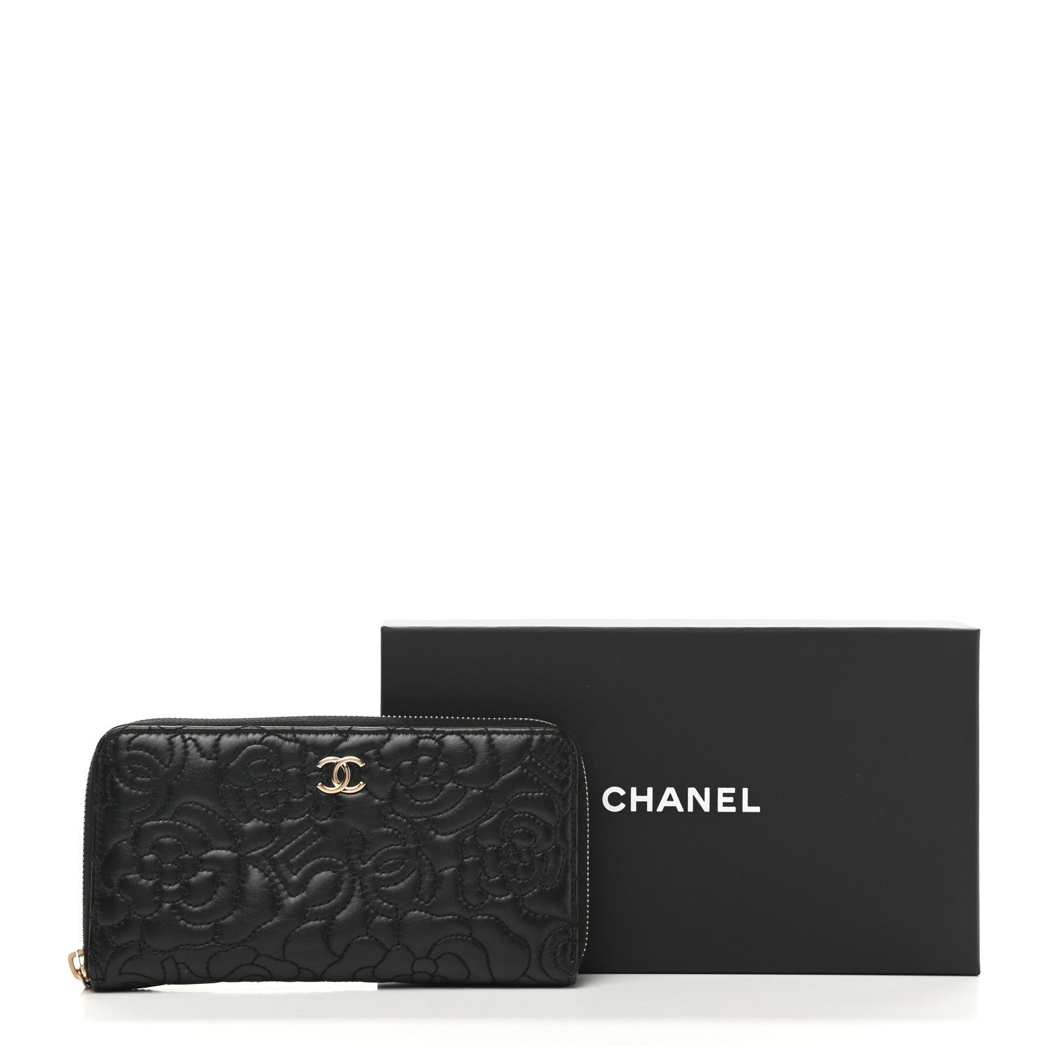 Chanel Lambskin Camellia Embossed Large Zip Around Gusset Wallet Black 10 of 10