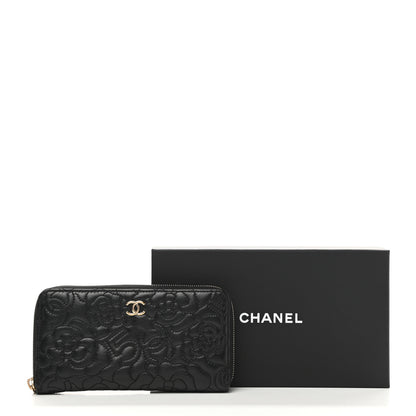 Chanel Lambskin Camellia Embossed Large Zip Around Gusset Wallet Black 10 of 10