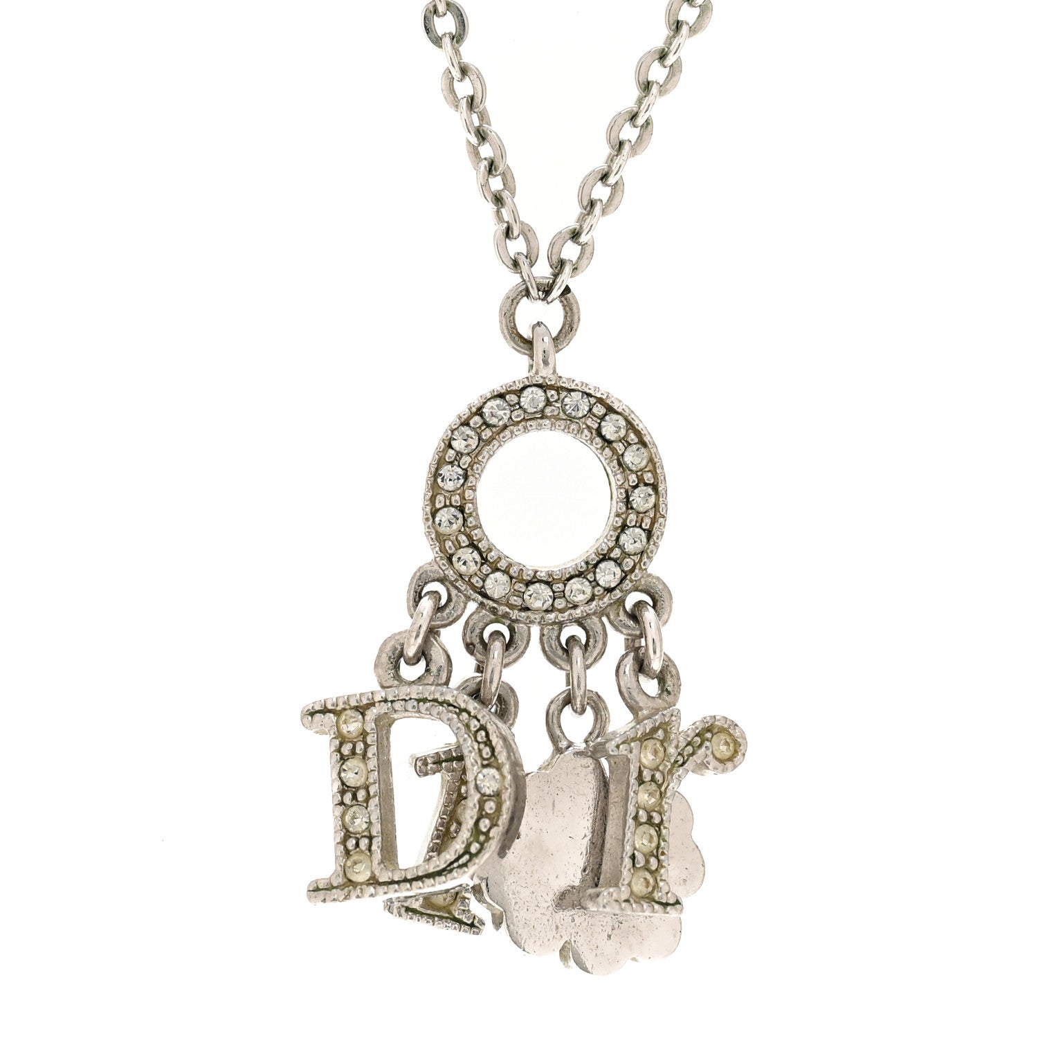 Christian Dior Metal Crystal Logo Clover Necklace Silver 1857849