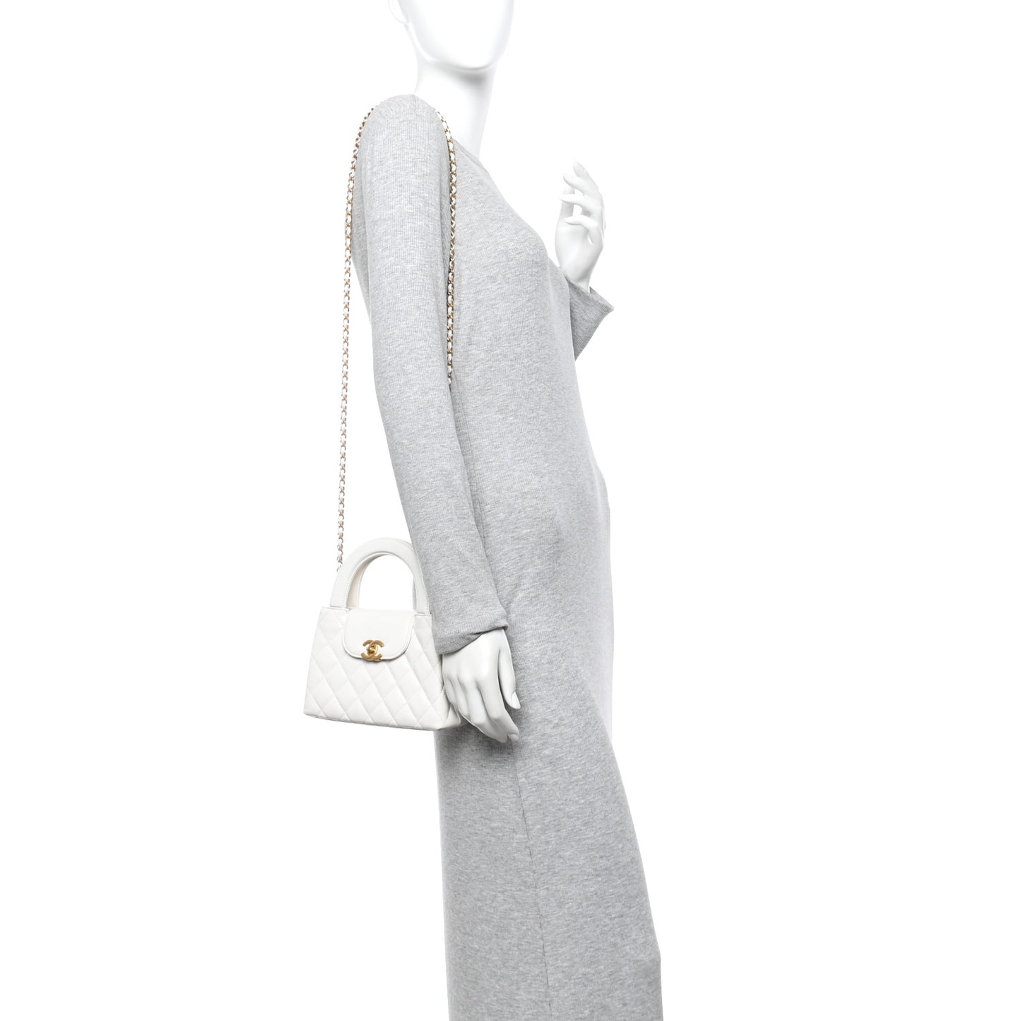 Shiny Aged Calfskin Quilted Nano Kelly Shopper White