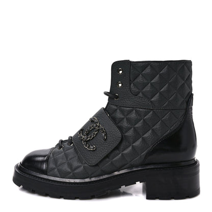 Chanel Calfskin Shiny Calfskin Quilted Lace Up Combat Boots 40.5 Dark Grey Black 1 of 10