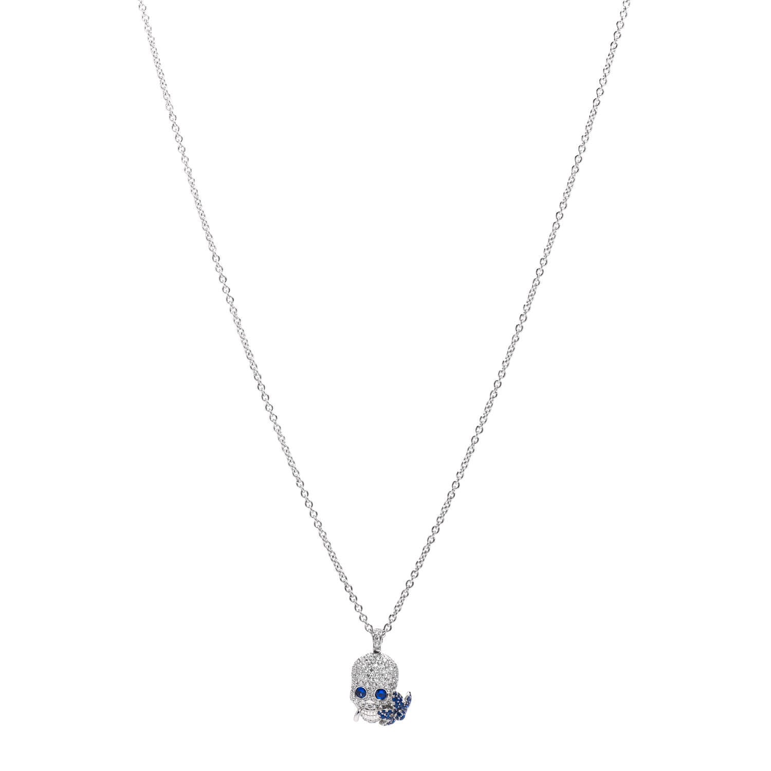 Gucci 18K White Gold Diamond Blue Sapphire Skull Pendant Necklace 1 of 6