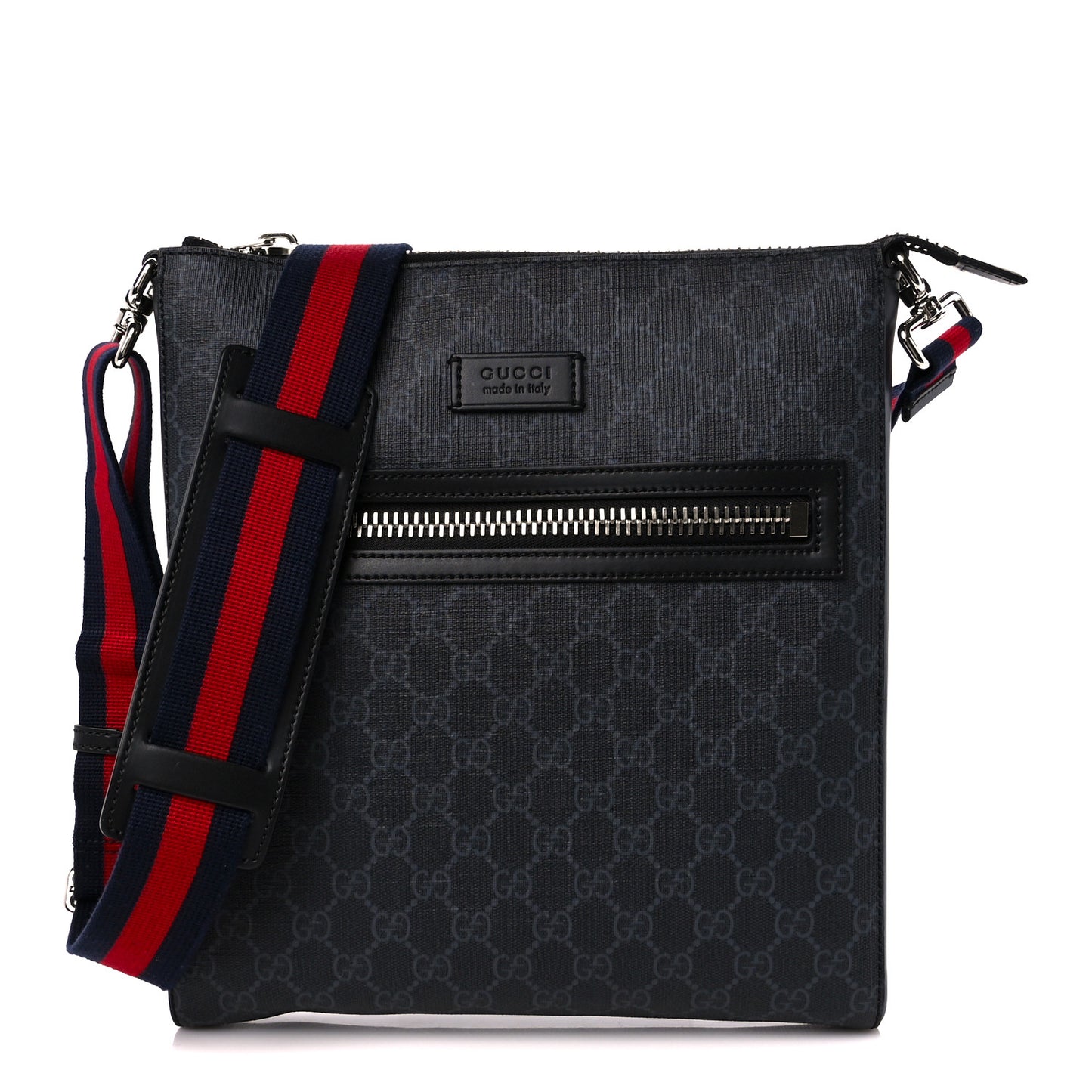 GG Supreme Monogram Appia Calfskin Web Flat Messenger Bag Black Grey
