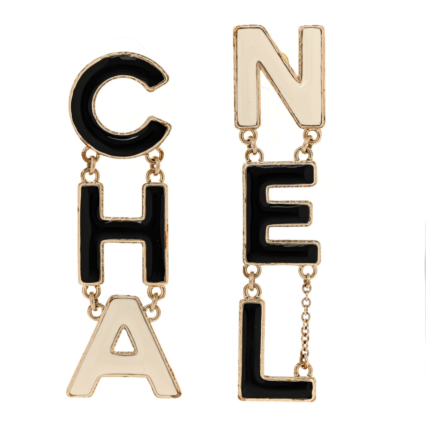 Metal Enamel Cha-Nel Logo Drop Earrings Black White
