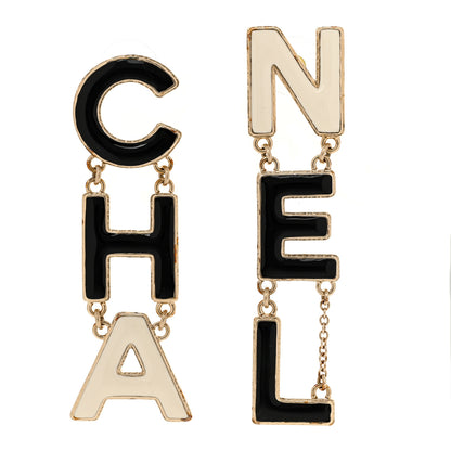 Chanel Metal Enamel Cha-Nel Logo Drop Earrings Black White 1 of 4