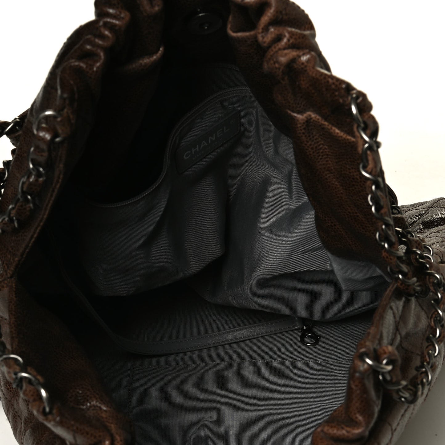 Distressed Glazed Caviar Quilted Large Elastic Tote Brown