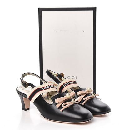 Gucci Malaga Kid Bow Ace Stripe Mid Heel Slingback Pumps 41 Black 10 of 10