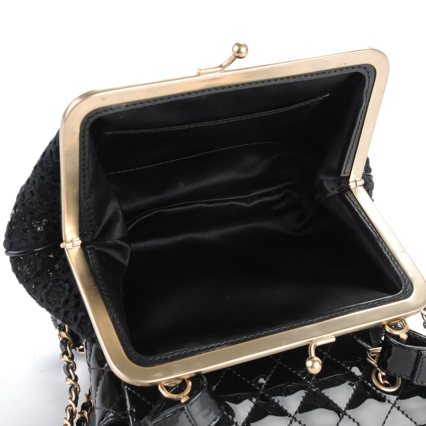 Patent Lace Mini Kiss Lock Flap Double Bag Black