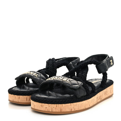 Chanel Cord Lambskin Quilted Logo Sandals 37 Black 3 of 8
