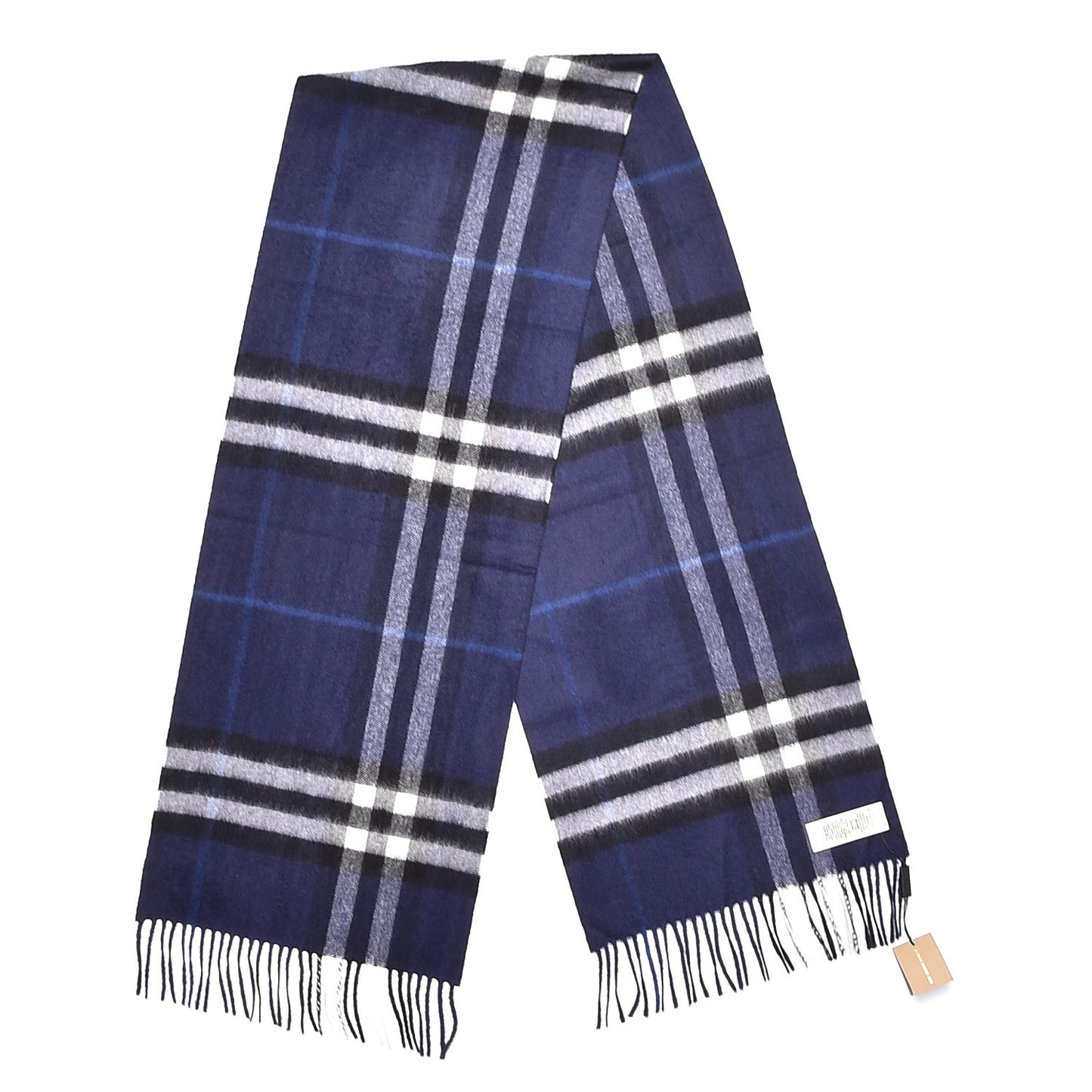 Cashmere Giant Check Fringe Scarf Indigo Blue