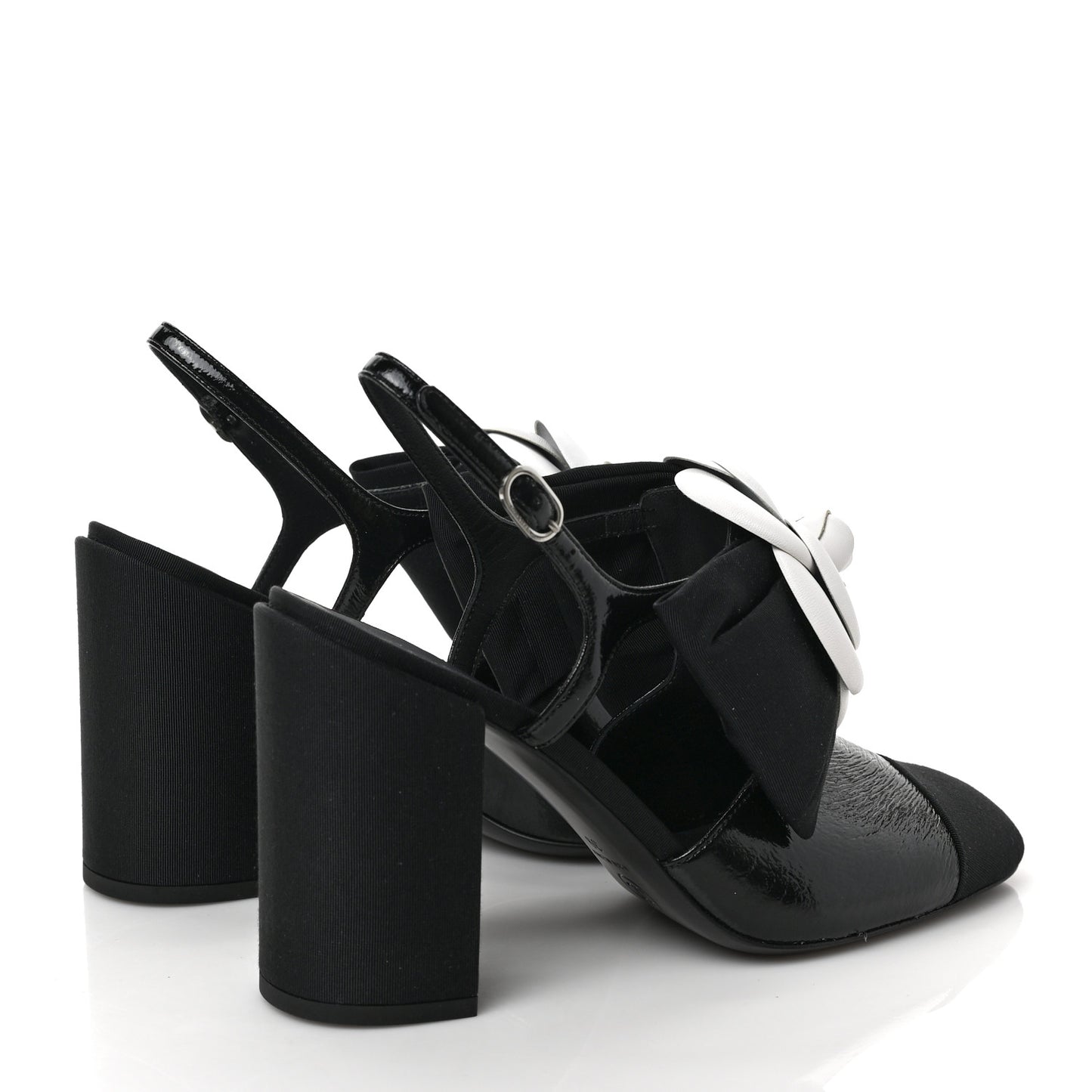 Crumpled Shiny Fabric Grosgrain Cap Toe Camellia Bow Slingback Pumps 39 Black