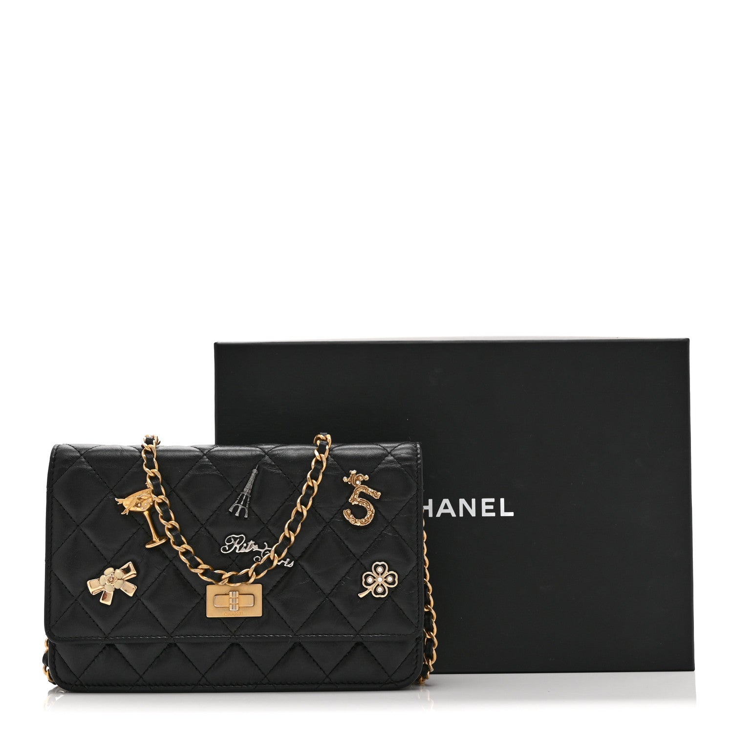 Chanel Aged Calfskin Quilted Lucky Charms 2.55 Reissue Wallet On Chain WOC Black 11 of 11