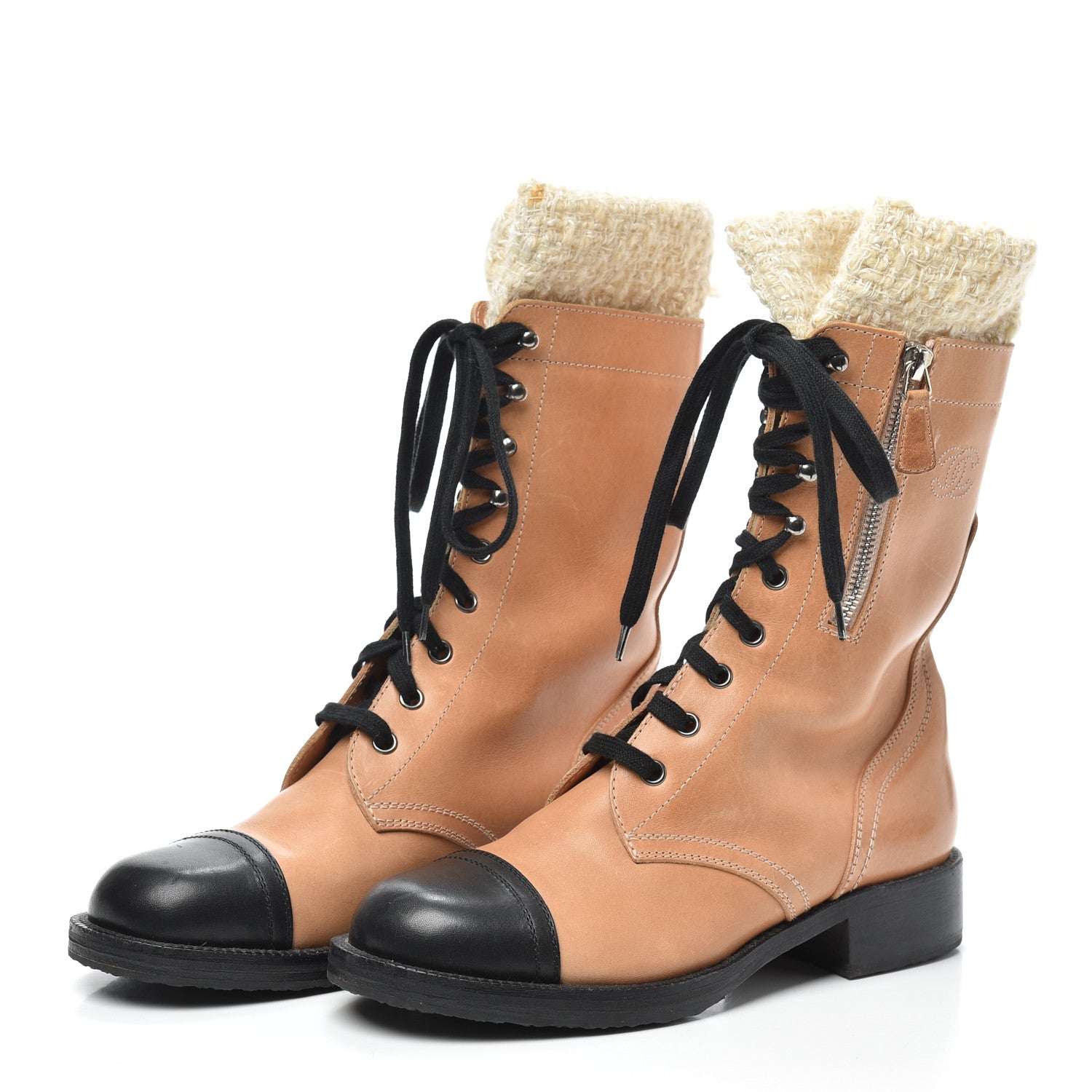 Chanel Calfskin Tweed Lace Up Combat Boots 38.5 Beige Black 3 of 6