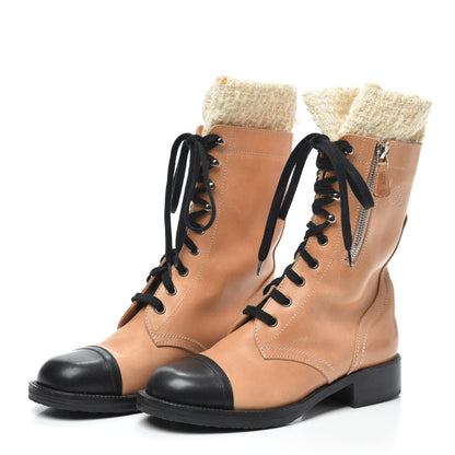 Chanel Calfskin Tweed Lace Up Combat Boots 38.5 Beige Black 3 of 6