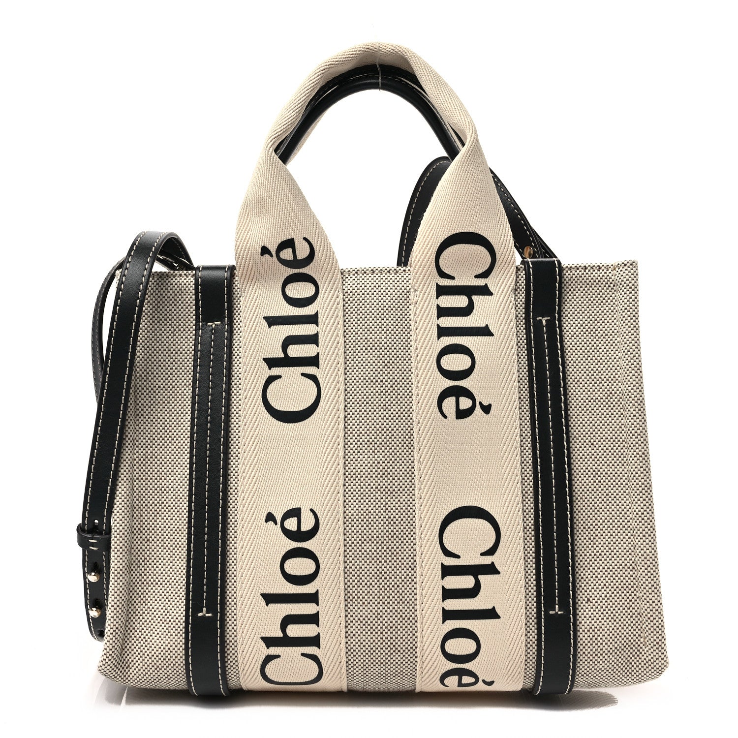 Chloe Cotton Calfskin Small Woody Ribbon Tote With Strap White Navy 1 of 6