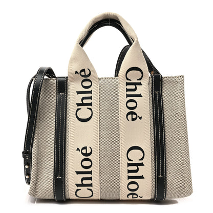 Chloe Cotton Calfskin Small Woody Ribbon Tote With Strap White Navy 1 of 6