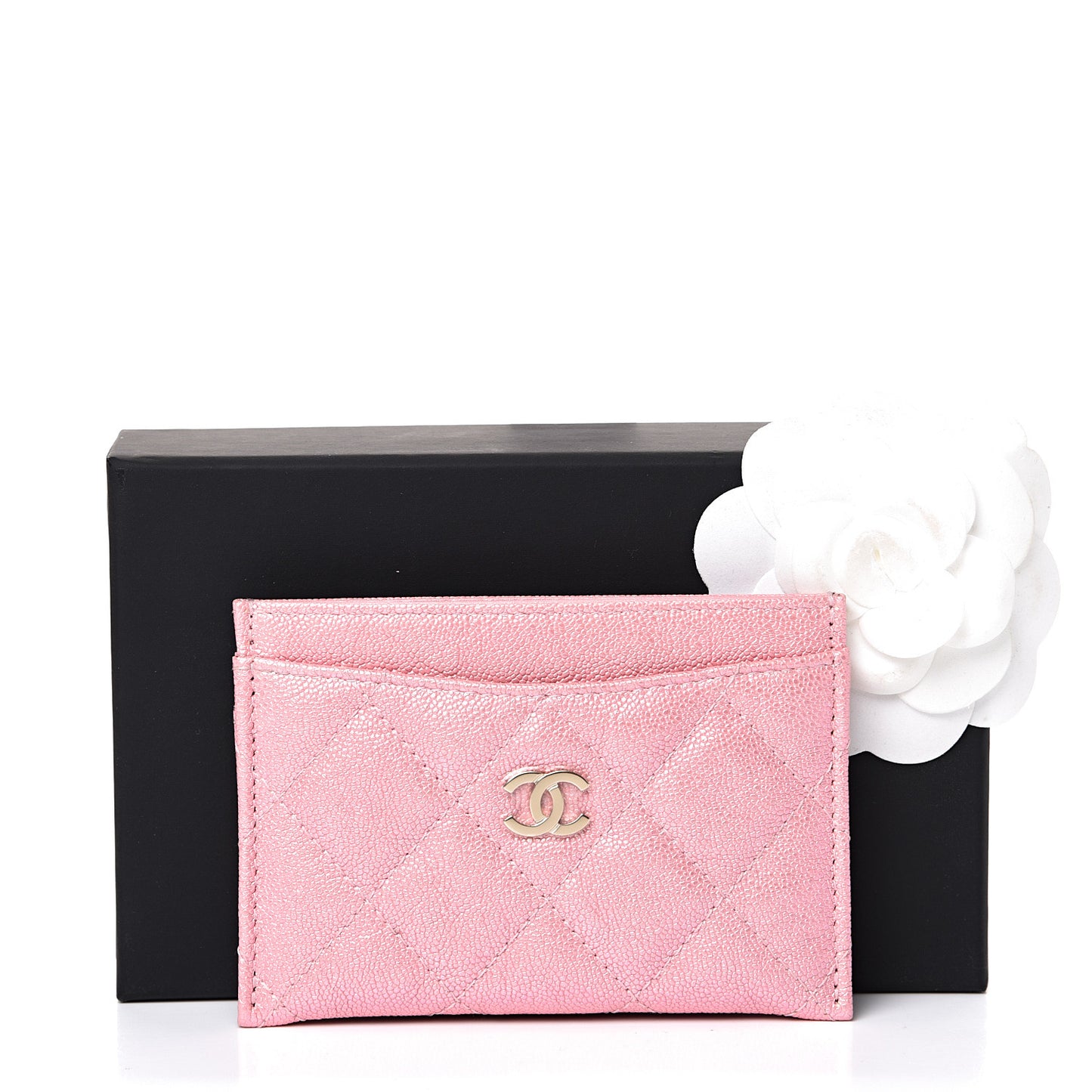 Iridescent Caviar Quilted Card Holder Rose Pink