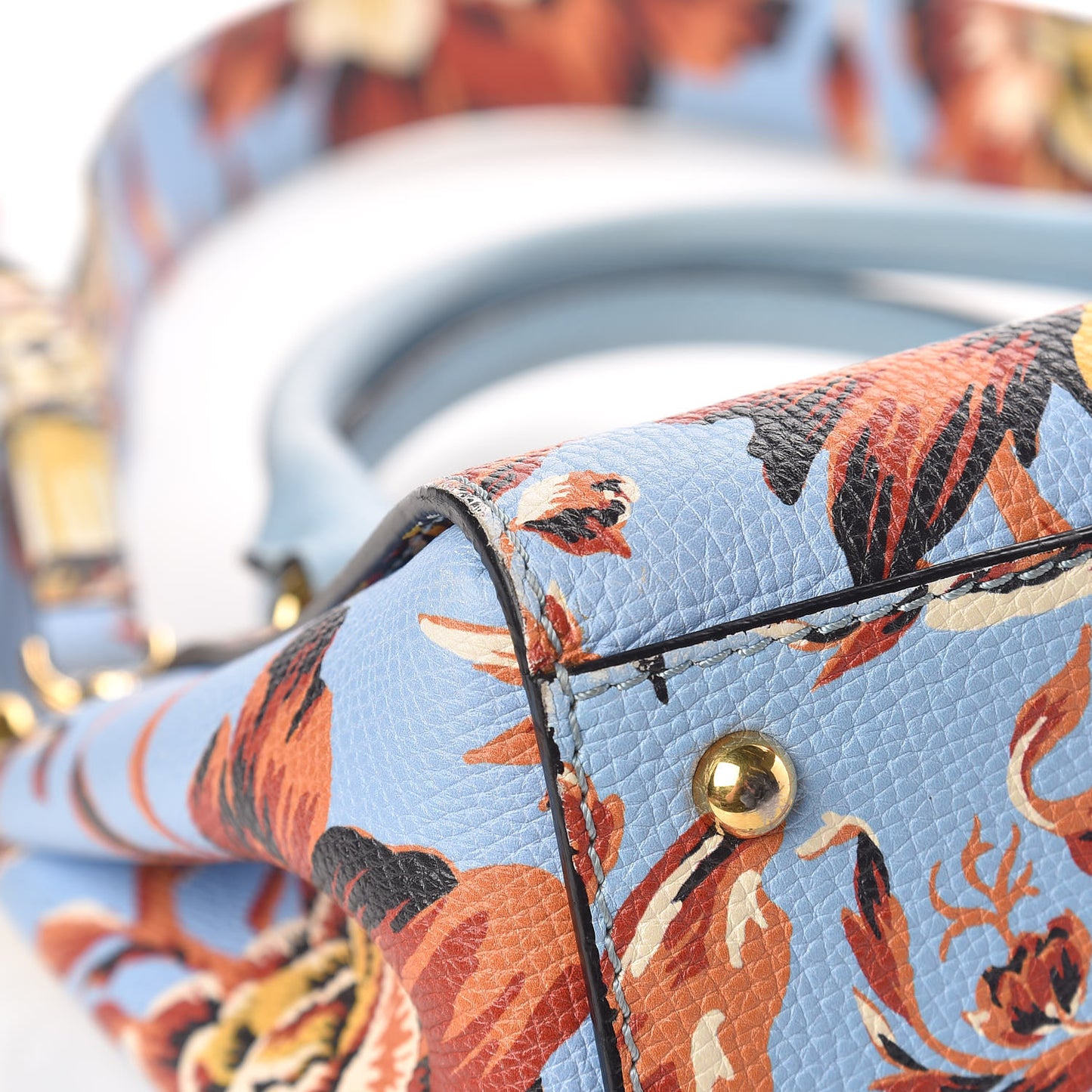 Soft Grain Calfskin Floral Print Small Buckle Tote Peony Rose Pale Blue Vibrant Orange