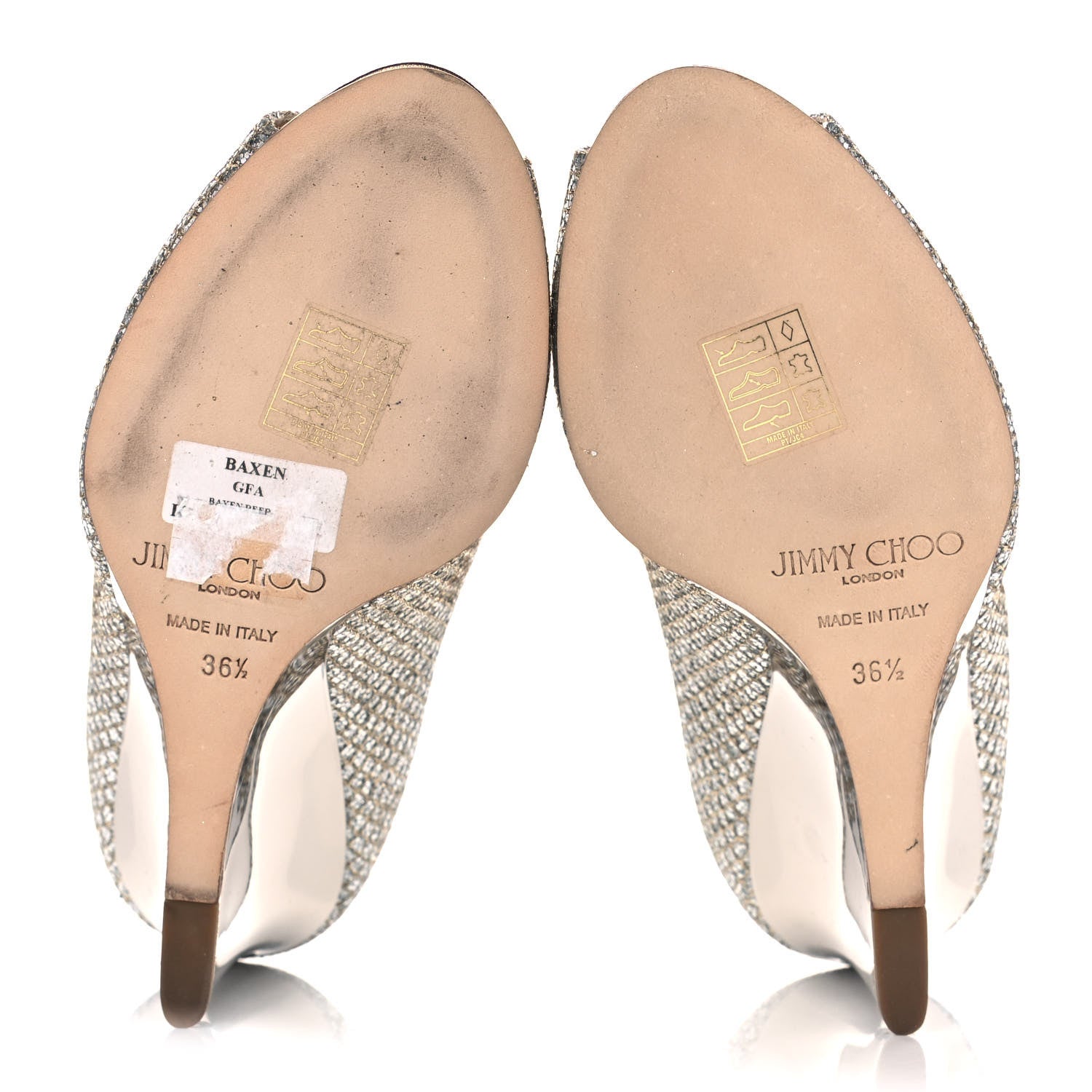 Jimmy Choo Glitter Fabric Baxen Peep Toe Wedges 36.5 Silver Gold 5 of 10
