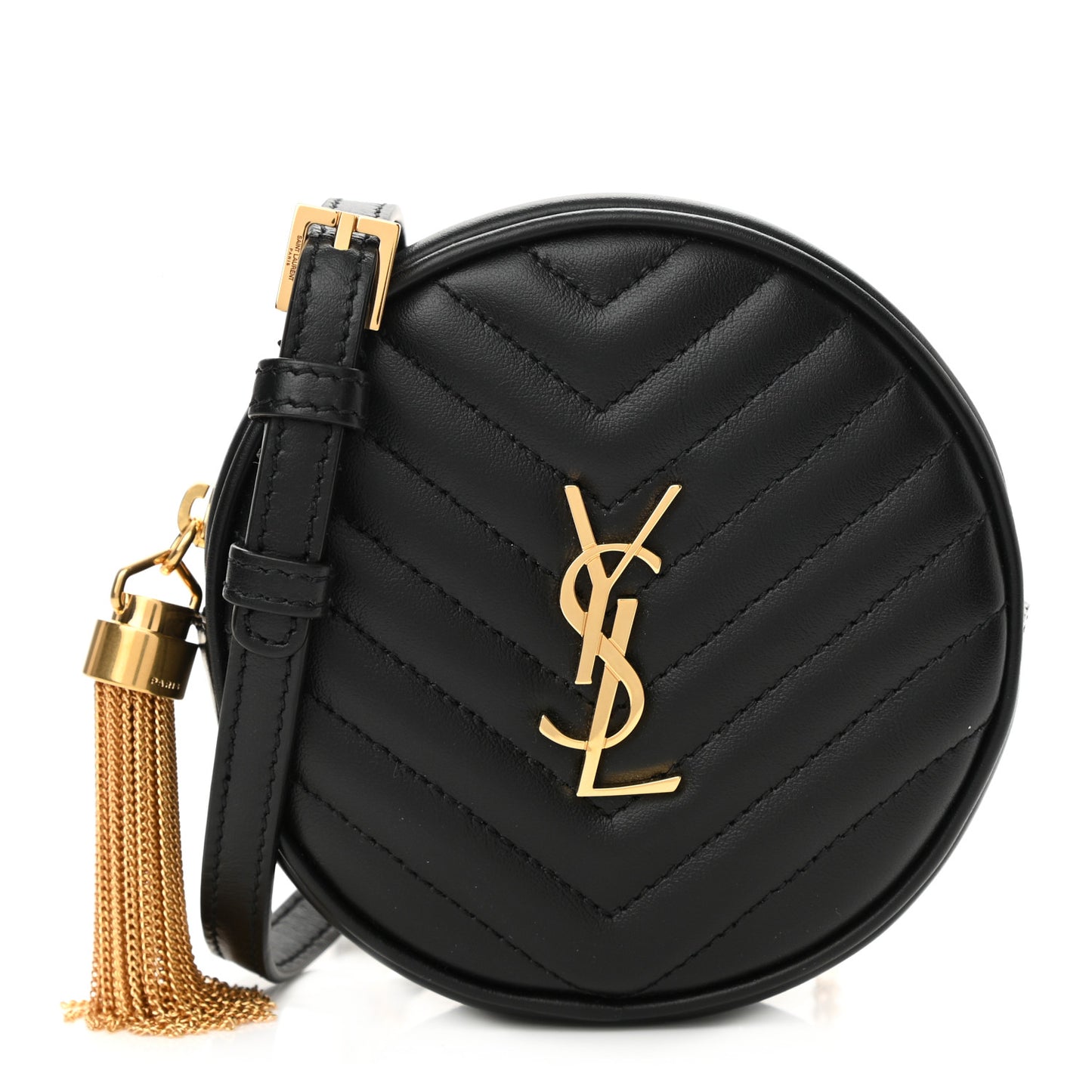 Calfskin Matelasse Chevron Quilted Baby Round Vinyle Belt Bag Black