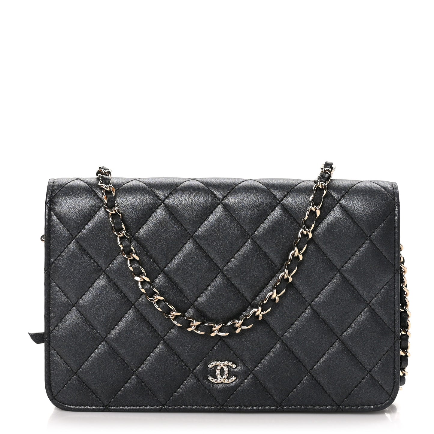Iridescent Lambskin Quilted Pearl Wallet On Chain WOC Black
