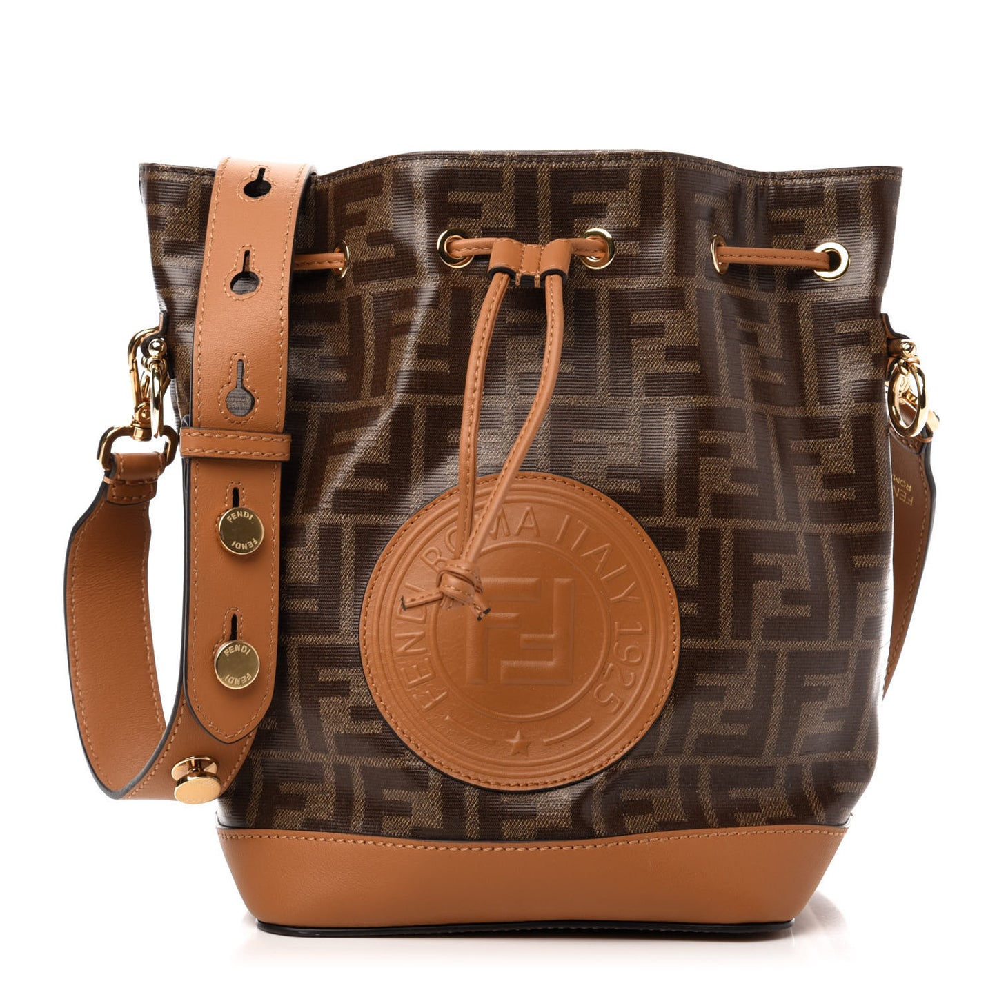Glazed Fabric Vitello Grace F is Fendi FF 1974 Stamp Patch Grande Mon Tresor Bucket Bag Mogano Panna Nocciola