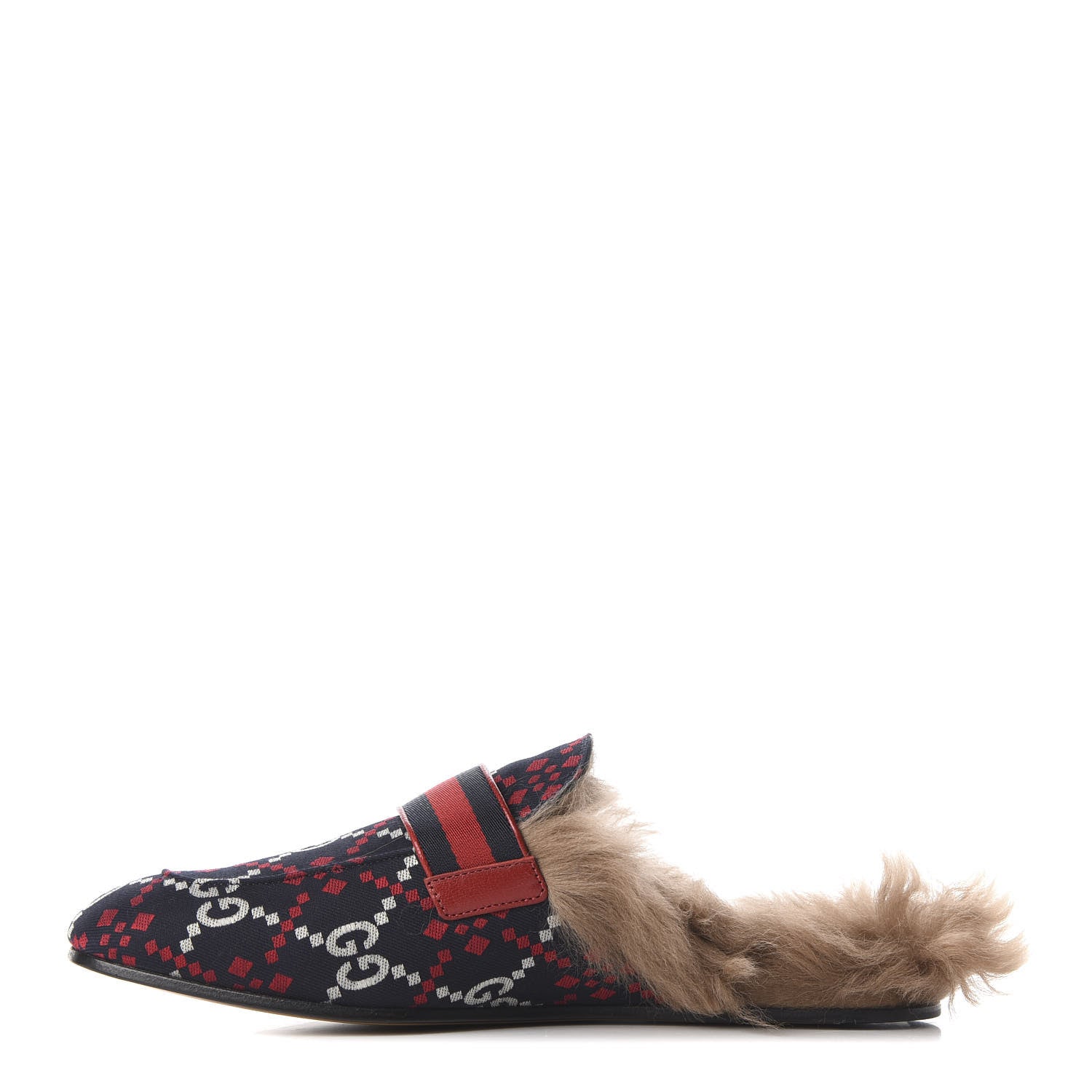 Gucci Canvas GG Monogram Diamond Fur Web GG Mens Princetown Slippers 6 Midnight Blue Hibiscus Red 1 of 8