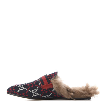 Gucci Canvas GG Monogram Diamond Fur Web GG Mens Princetown Slippers 6 Midnight Blue Hibiscus Red 1 of 8