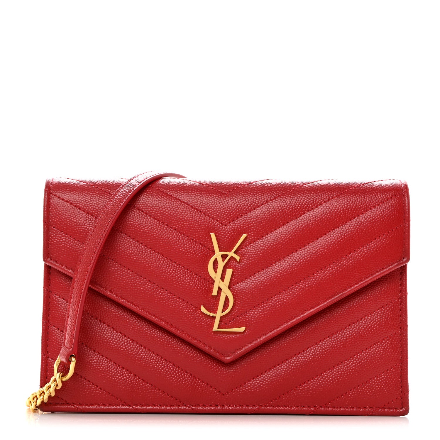 Saint Laurent Grain De Poudre Matelasse Chevron Monogram Envelope Chain Wallet New Red 1 of 10