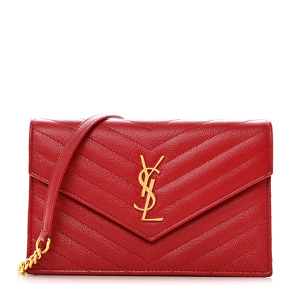 Saint Laurent Grain De Poudre Matelasse Chevron Monogram Envelope Chain Wallet New Red 1 of 10