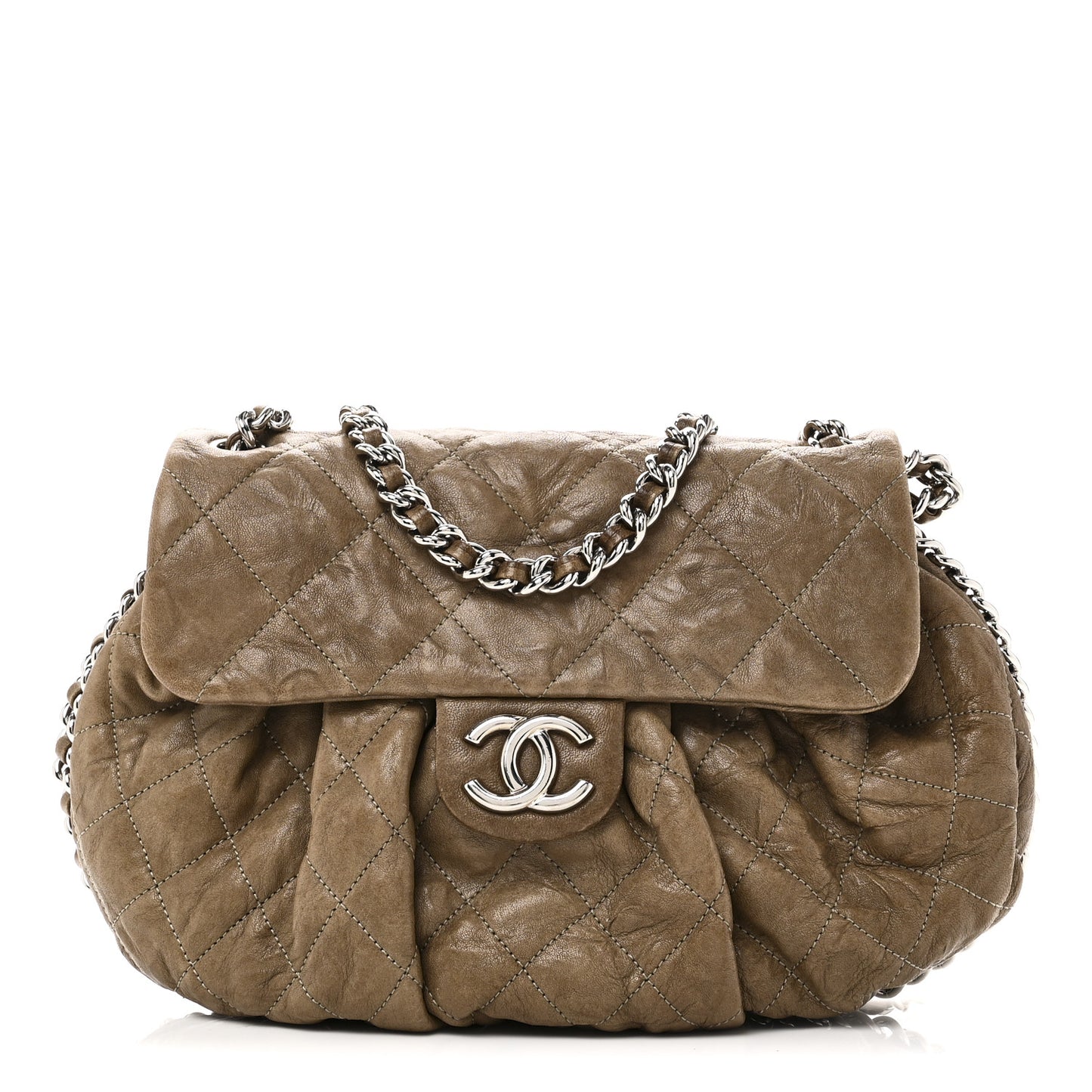 Washed Lambskin Quilted Medium Chain Around Messenger Brown