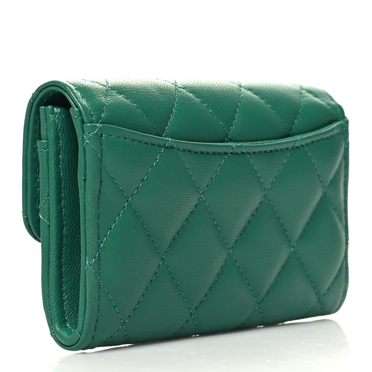 Lambskin Quilted Flap Card Holder Wallet Green