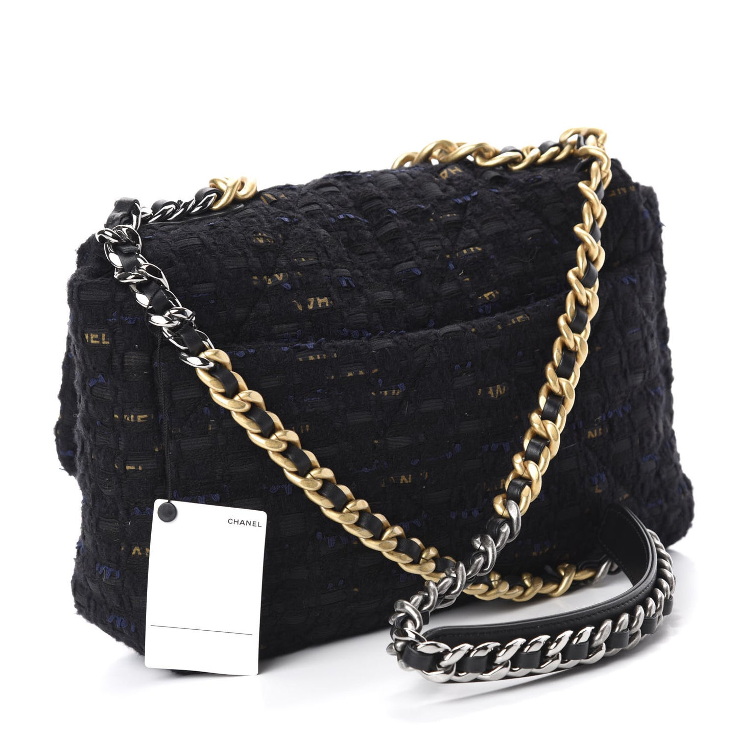 Tweed Quilted Large 19 Flap Black Navy Gold