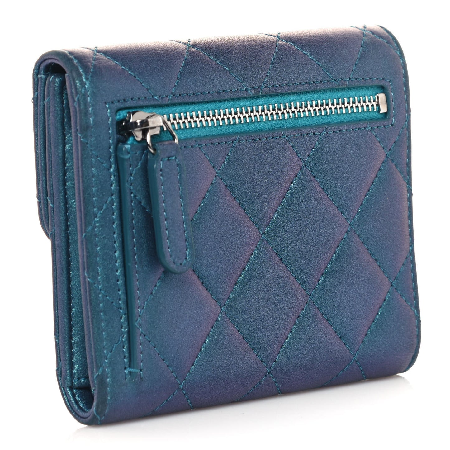 Metallic Lambskin Quilted Compact Flap Wallet Turquoise