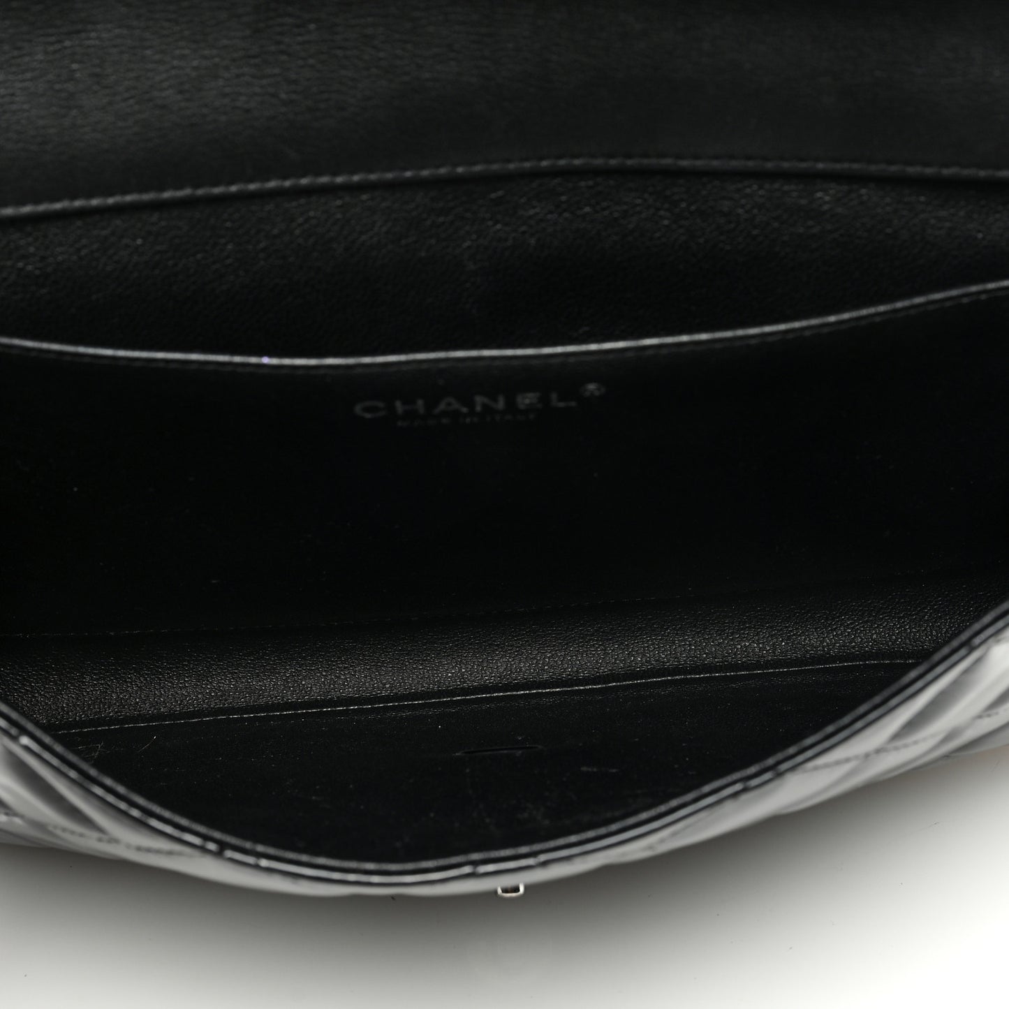 Patent Quilted Clutch with Chain Flap Black