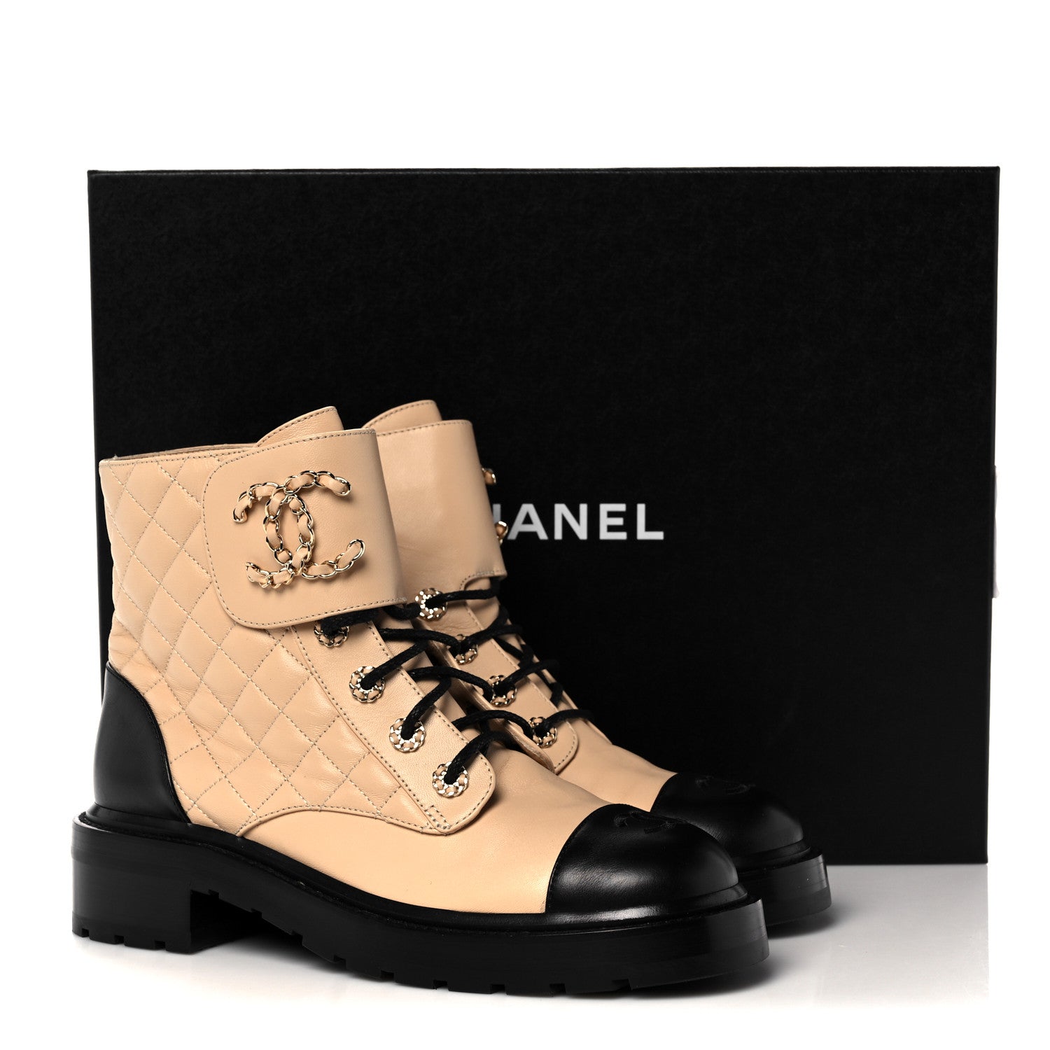 Chanel Shiny Lambskin Quilted Lace Up Combat Boots 39.5 Beige Black 9 of 9
