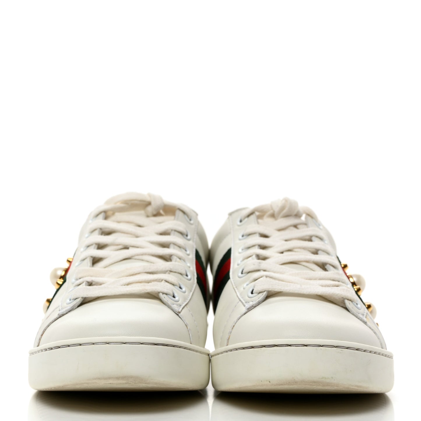 Calfskin Web Pearl Studded Womens Ace Sneakers 37.5 White
