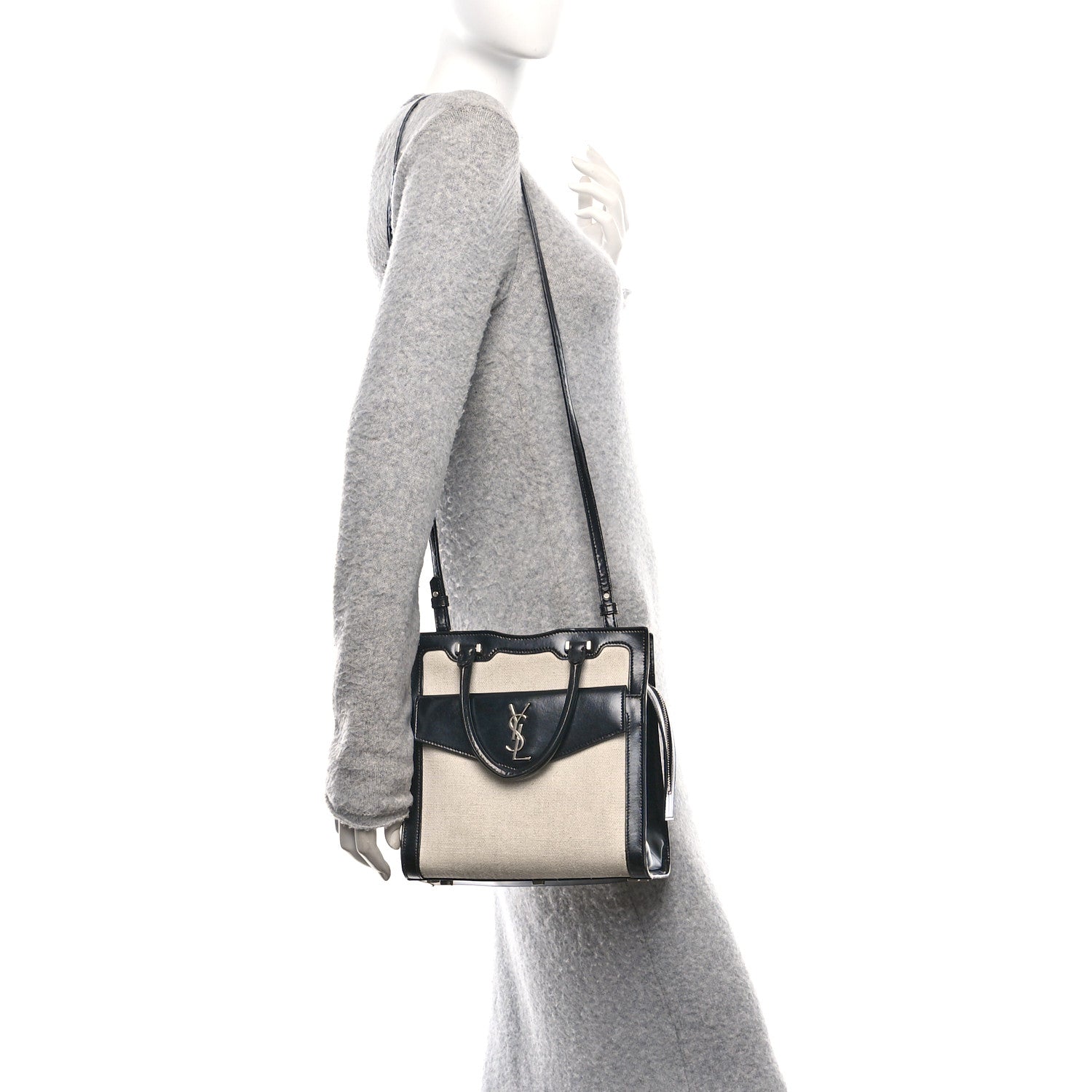 Saint Laurent Canvas Calfskin Small Uptown Tote Black 2 of 10