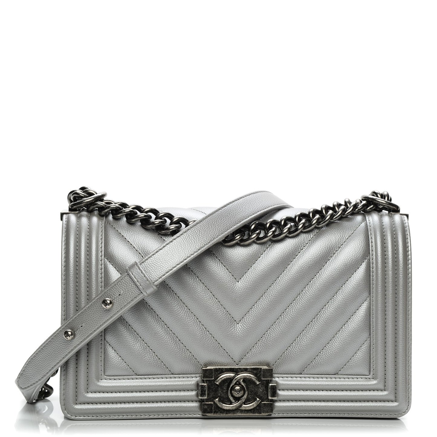 Metallic Caviar Chevron Medium Boy Flap Silver