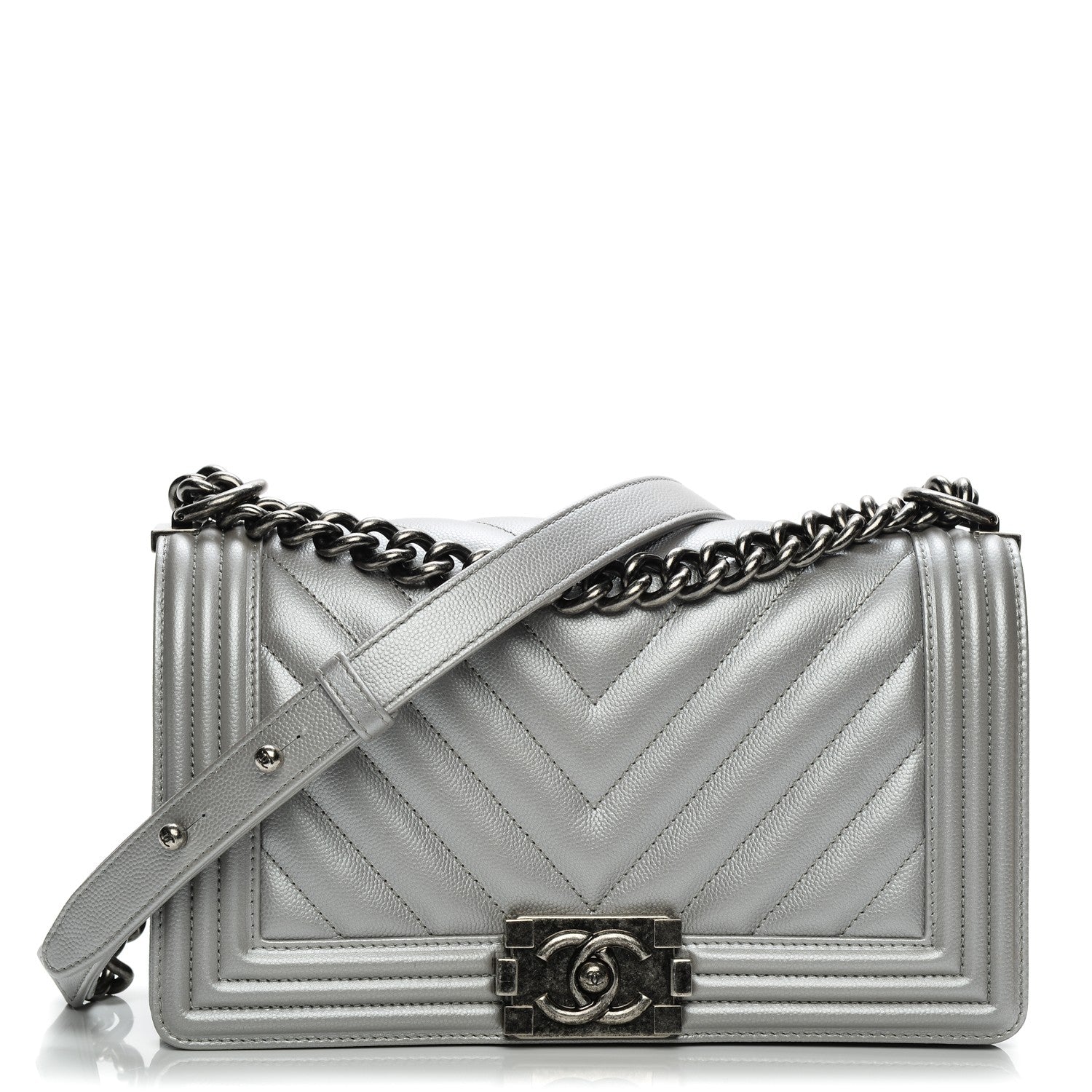 Chanel Metallic Caviar Chevron Medium Boy Flap Silver 1 of 7