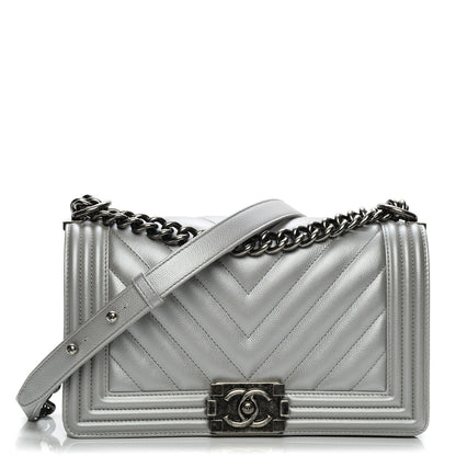 Chanel Metallic Caviar Chevron Medium Boy Flap Silver 1 of 7