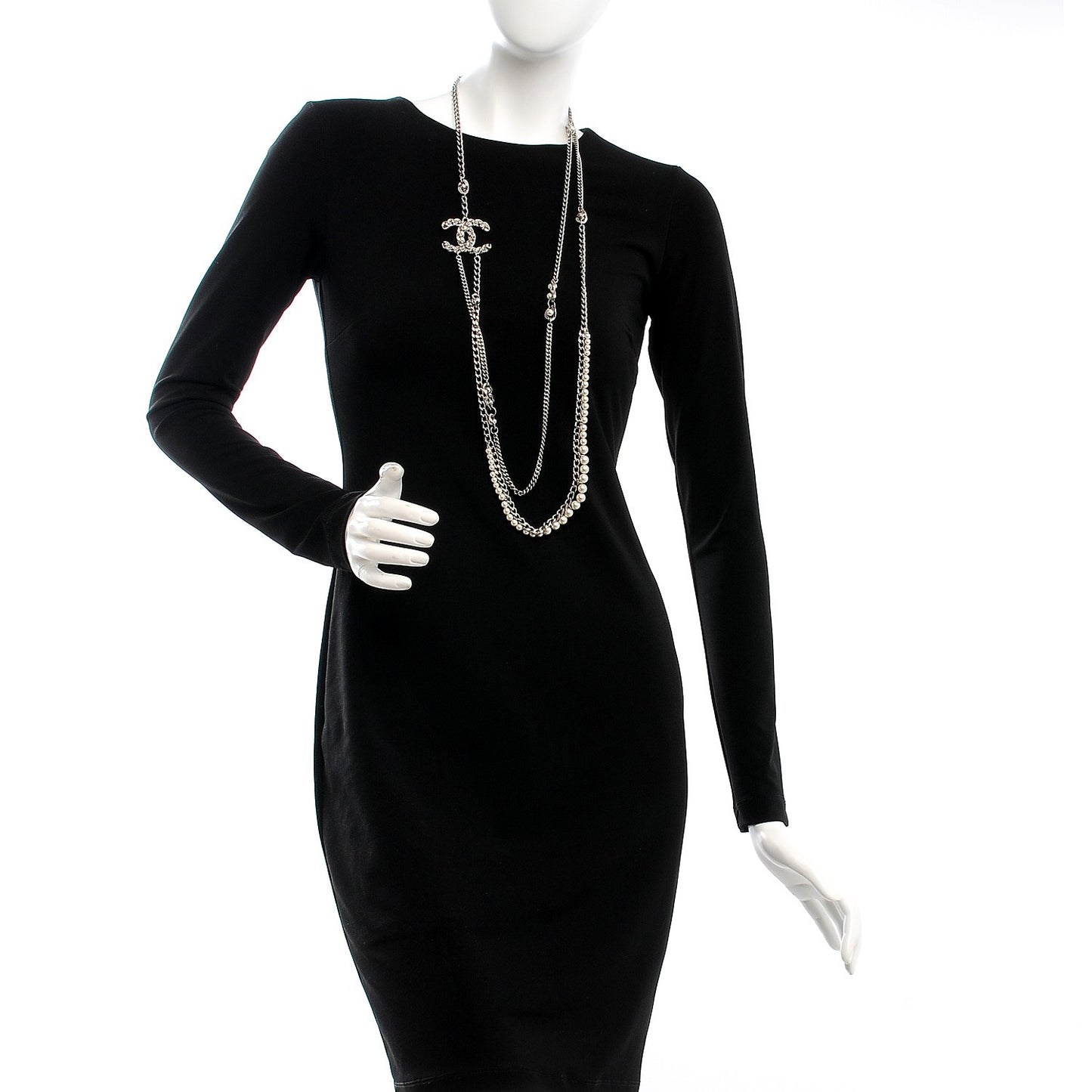 Pearl CC Long Chain Necklace Silver