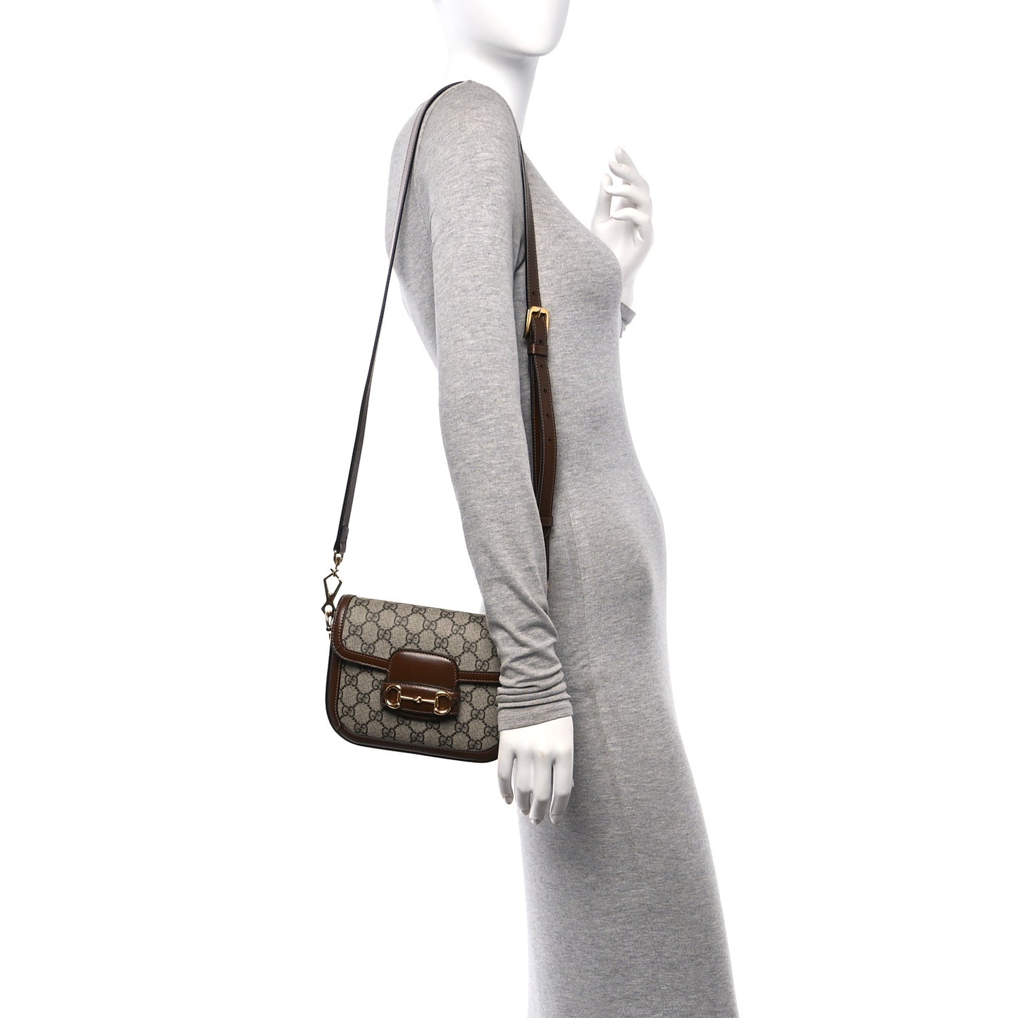 GG Supreme Monogram Web Mini Horsebit 1955 Shoulder Bag Beige Brown Sugar