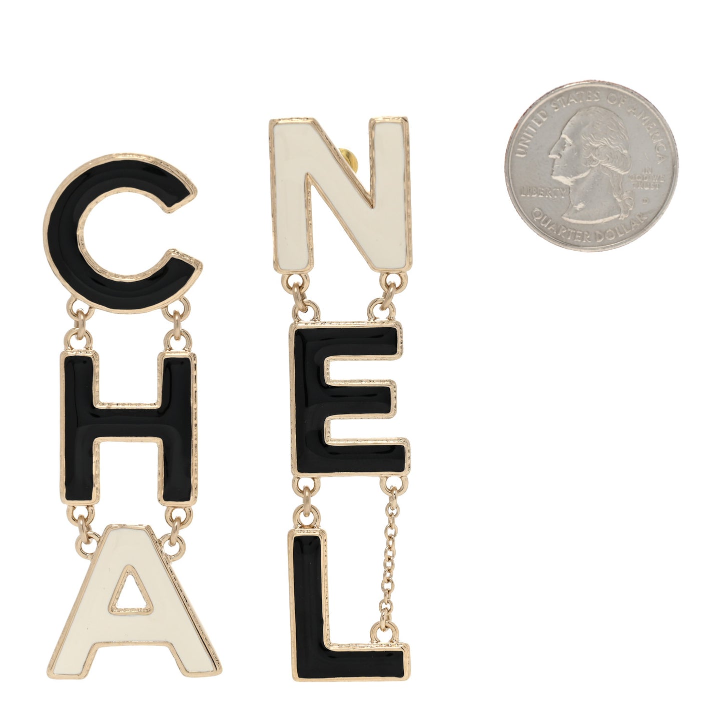 Metal Enamel Cha-Nel Logo Drop Earrings Black White
