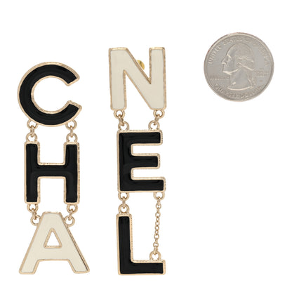 Chanel Metal Enamel Cha-Nel Logo Drop Earrings Black White 2 of 5
