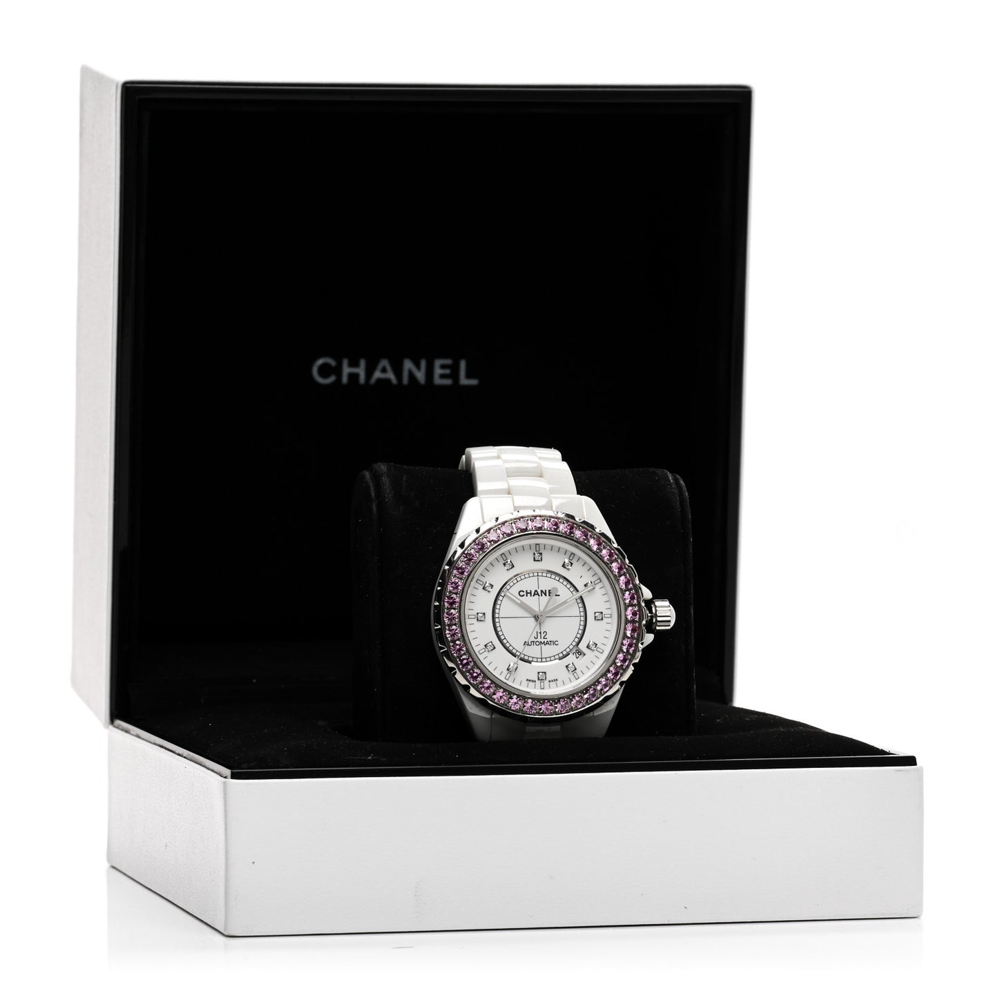 Stainless Steel Ceramic Diamond Pink Sapphire 42mm J12 Automatic Watch White