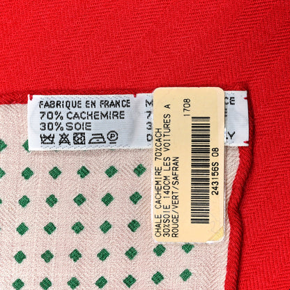 Hermes Cashmere Silk Les Voitures A Transformation Shawl 140 Rouge Vert Safran 6 of 6